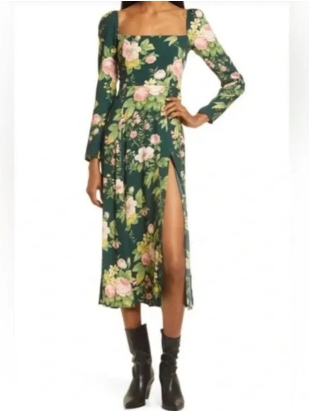 REFORMATION Sigmund Long Sleeve‎ Square Neck Midi Dress In Belvedere